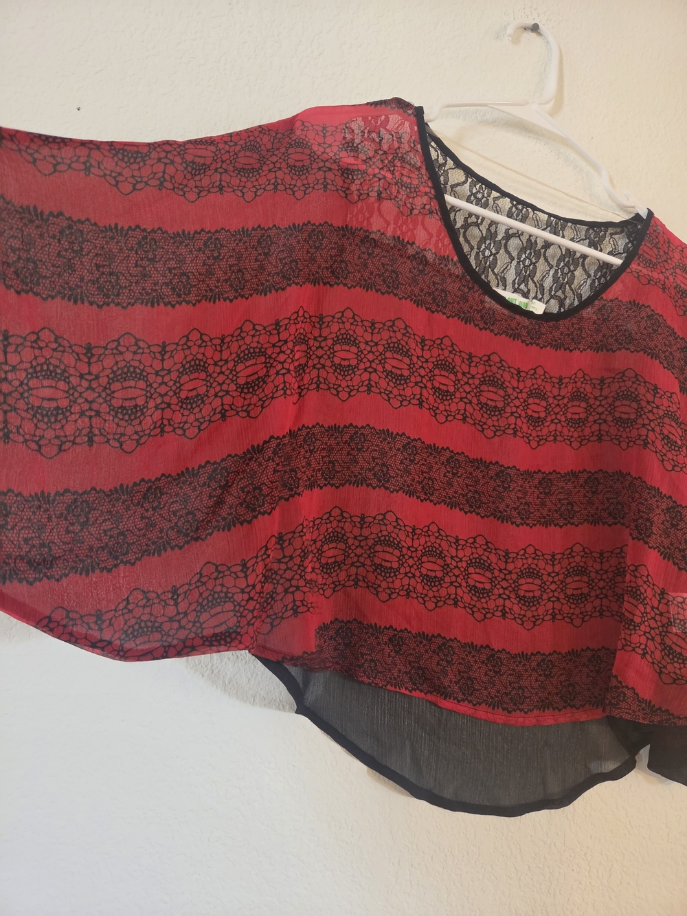 Red Lace-Striped Women's Blouse - Lightweight Sheer Top